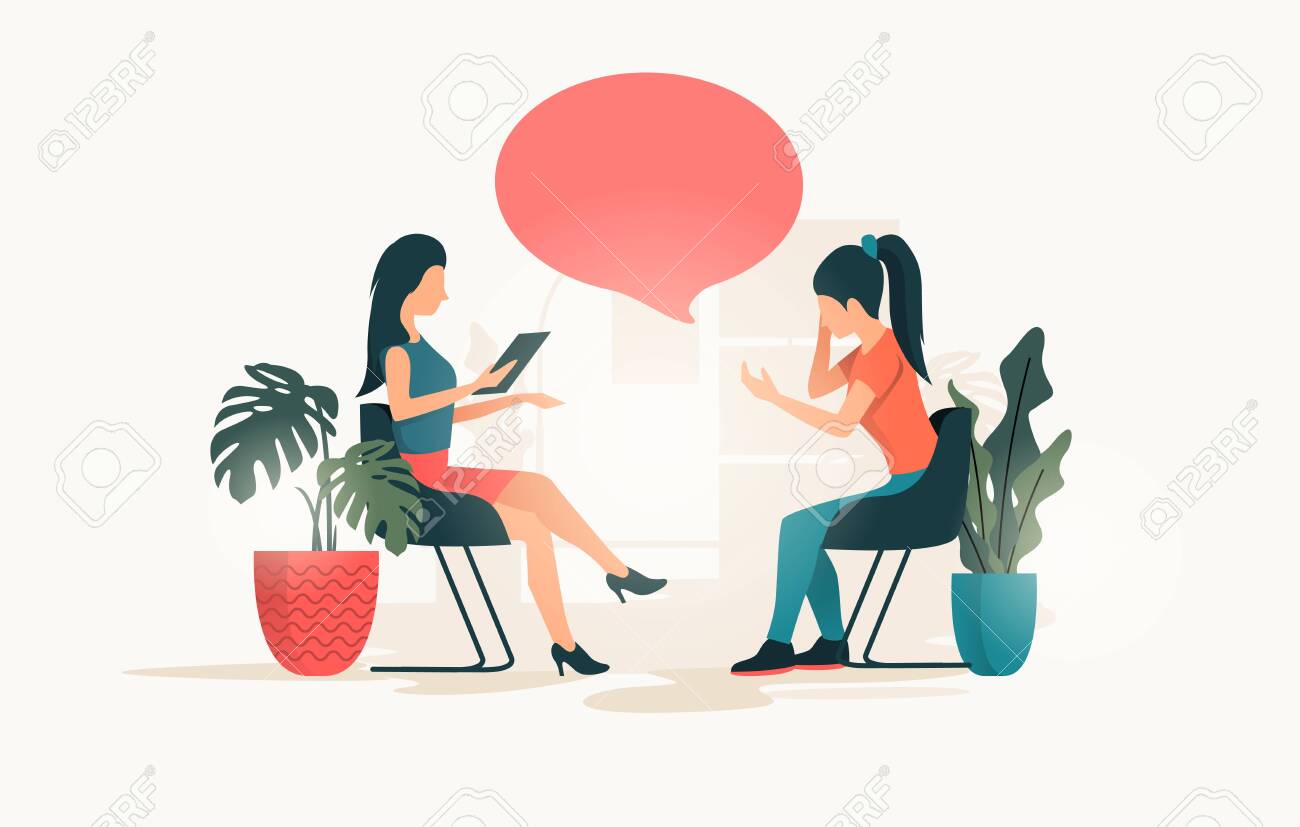 A Young Women Talking To A Therapist About Her Issues And Wellbeing... Royalty Free Cliparts, Vectors, And Stock Illustration. Image 124294972.