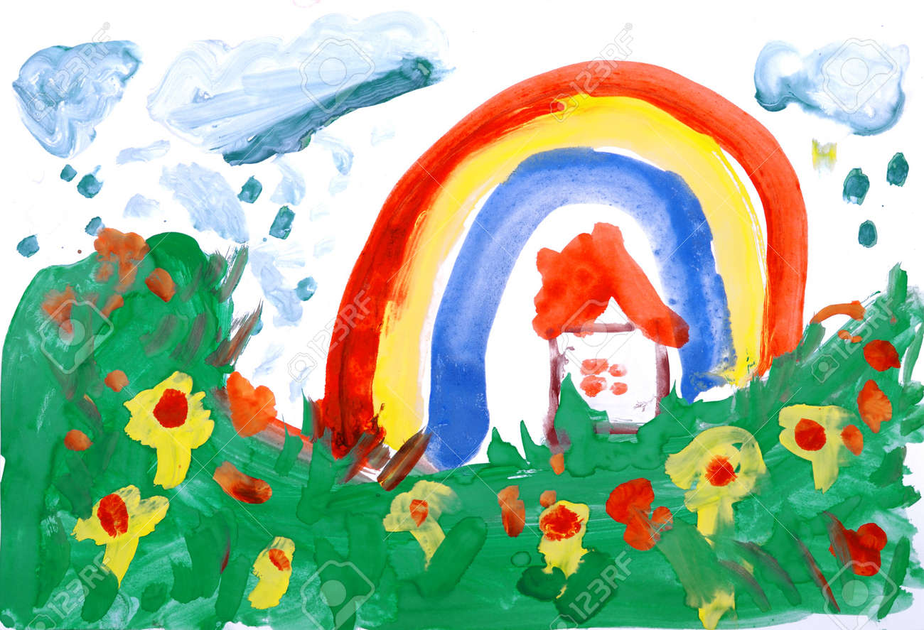 Drawing by hand a water colour a meadow flowers house rain