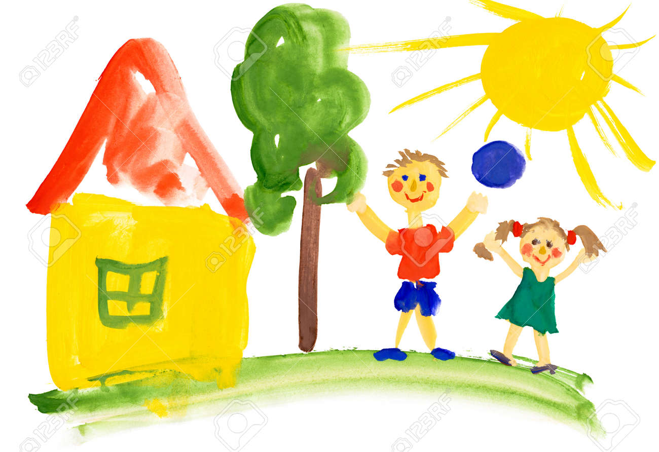 children playing near the house. watercolor drawing - 26520365 children playing near the house. watercolor drawing - 26520365