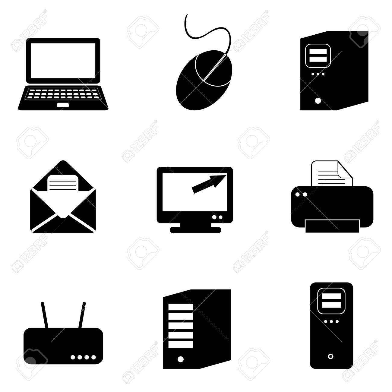 コンピューターとテクノロジーのアイコンを黒で設定のイラスト素材 ベクタ Image