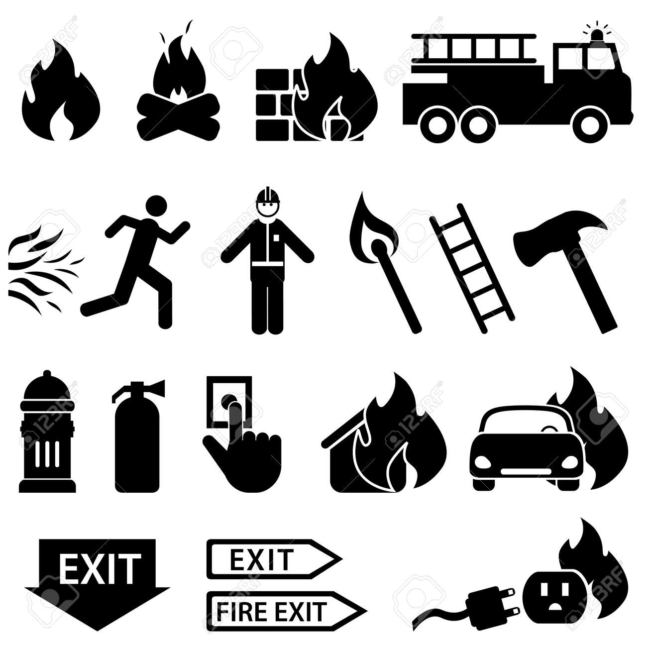 Fire related icon set in black - 23019487 Fire related icon set in black - 23019487