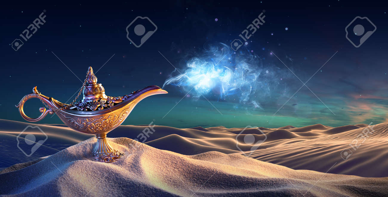 Lamp of Wishes In The Desert - Genie Coming Out Of The Bottle - 52853244 Lamp of Wishes In The Desert - Genie Coming Out Of The Bottle - 52853244