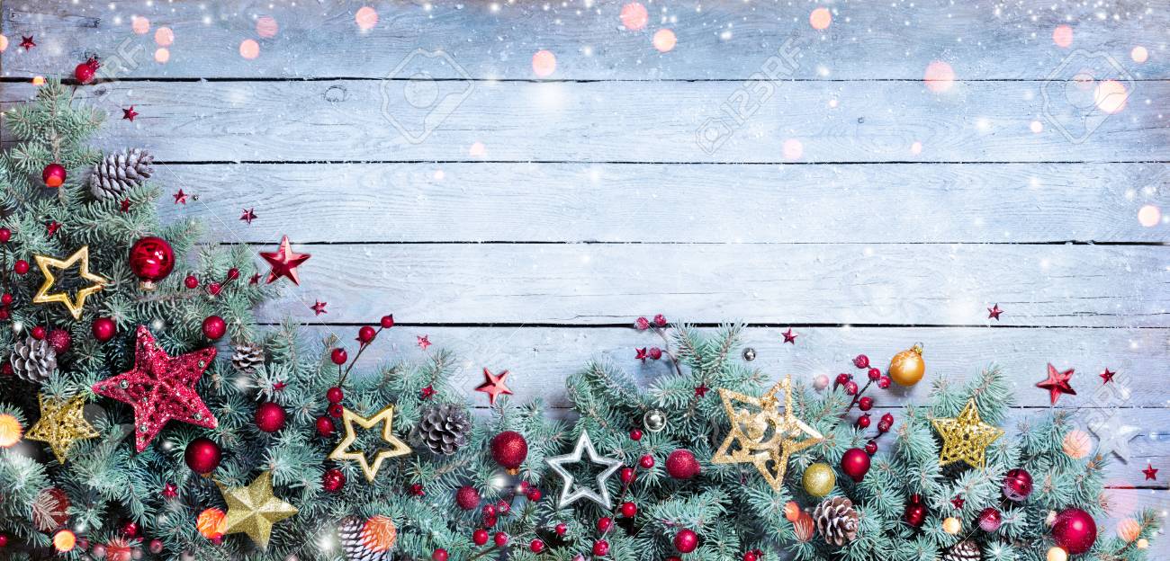 Christmas Border - Fir Branches With Baubles On Vintage Plank - 63826384 Christmas Border - Fir Branches With Baubles On Vintage Plank - 63826384