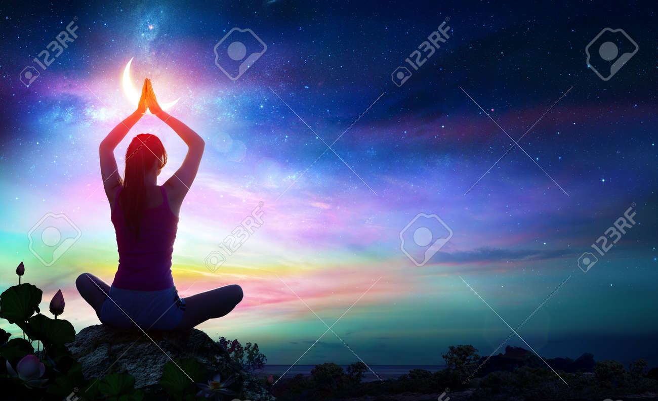 Woman Doing Yoga With Lotus Flowers And Chakra Gradient Colors - Spiritual Contemplation - 90362218 Woman Doing Yoga With Lotus Flowers And Chakra Gradient Colors - Spiritual Contemplation - 90362218