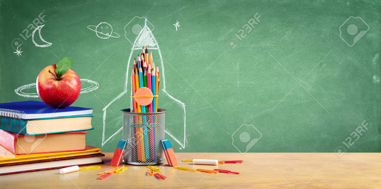 Back To School - Books And Pencils With Rocket Sketch - 128858859 Back To School - Books And Pencils With Rocket Sketch - 128858859