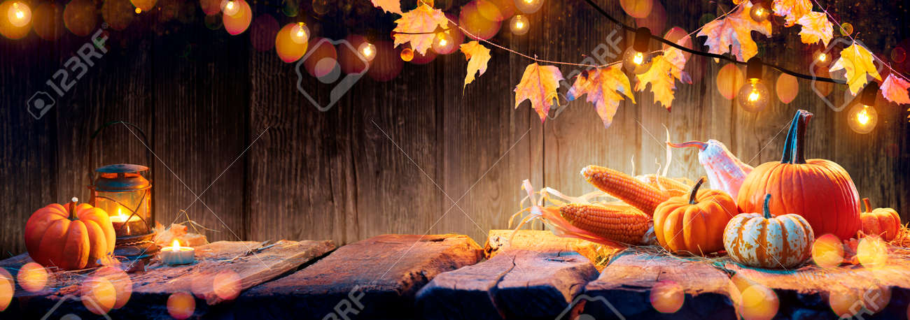 Thanksgiving Table - Pumpkins And Corncobs On Wooden Plank With Garlands - 154194342 Thanksgiving Table - Pumpkins And Corncobs On Wooden Plank With Garlands - 154194342