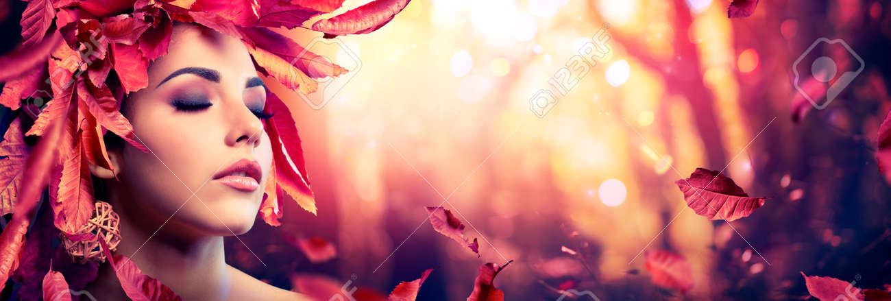 Autumn Woman - Beauty Fashion Model Girl With Red Leaves In Forest - 154842598 Autumn Woman - Beauty Fashion Model Girl With Red Leaves In Forest - 154842598