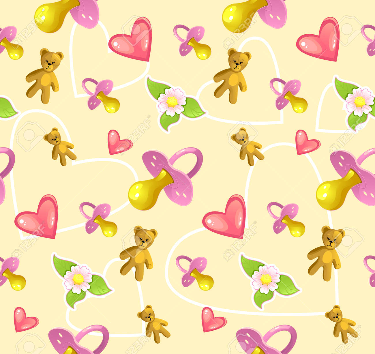 Motif De Bebe Transparente Avec Sucette Coeur Ours En Peluche Et Des Fleurs Clip Art Libres De Droits Vecteurs Et Illustration Image