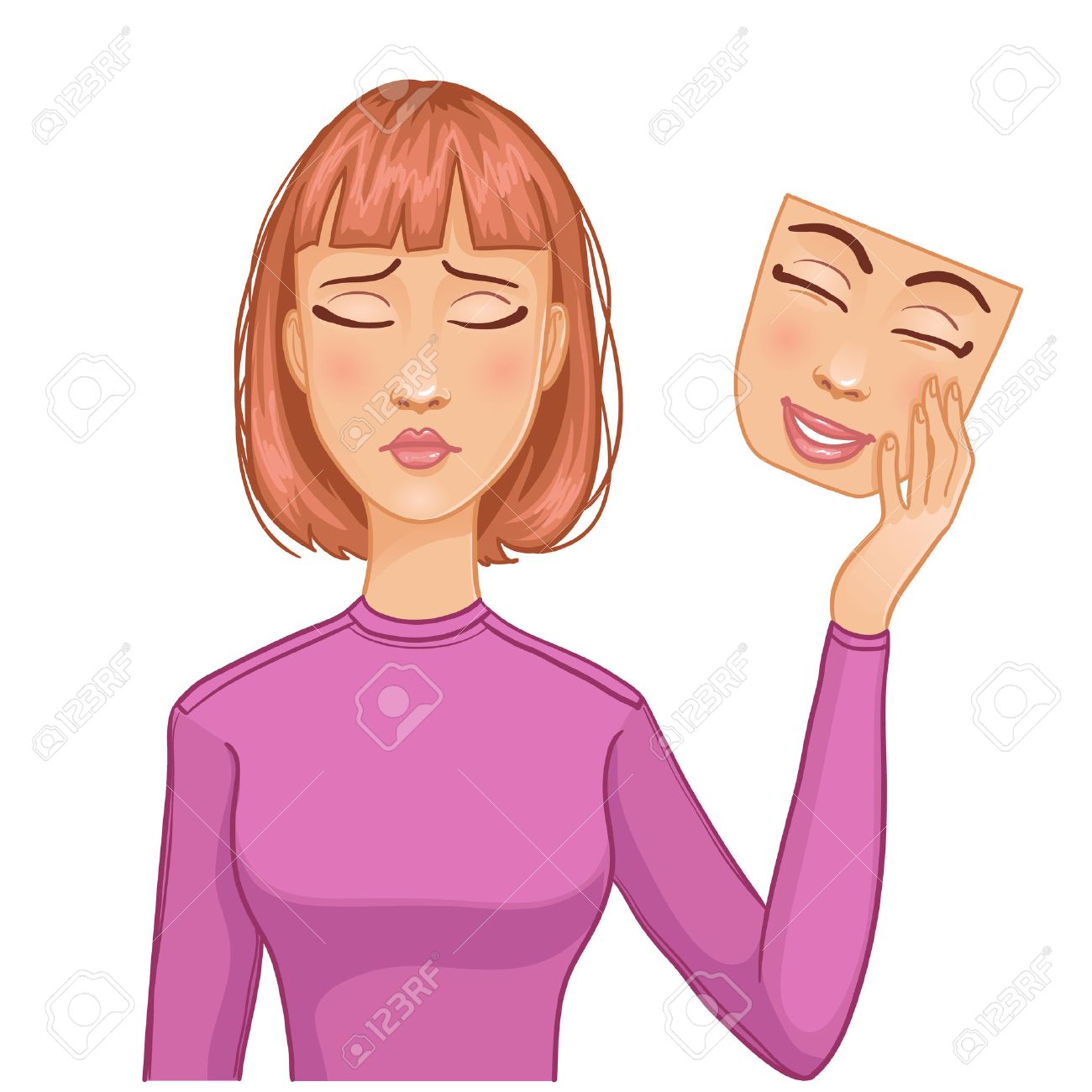 悲しい顔と彼女の手の Eps10 で幸せそうな顔のマスクを持つ女性 のイラスト素材 ベクタ Image