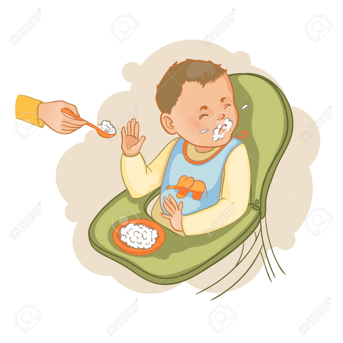 Baby Boy Sitting In The Baby Chair Refuses To Eat Pap Royalty Free Cliparts Vectors And Stock Illustration Image