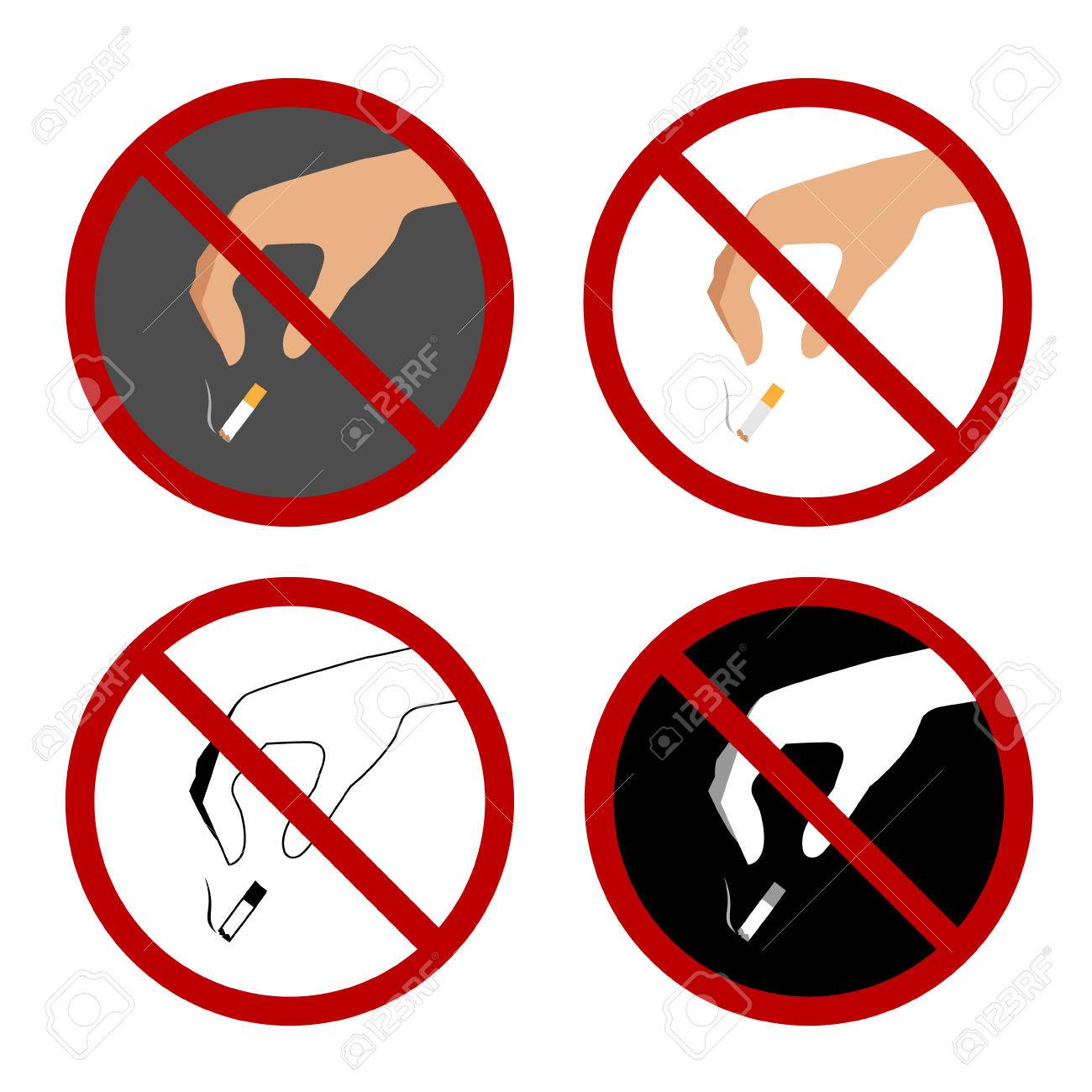 タバコ スタブと一時停止の標識を投げている手の 4 つの画像のセット のイラスト素材 ベクタ Image