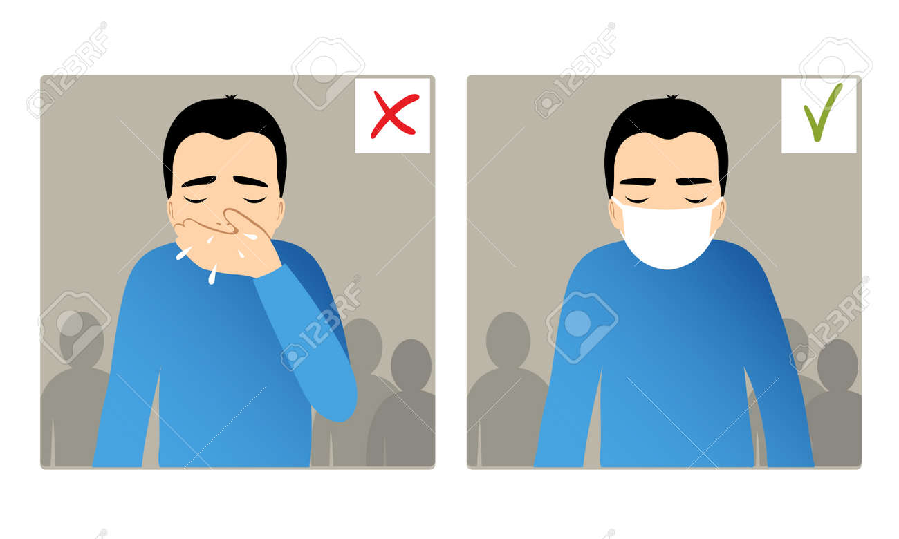 顔 何が正しくて 間違っている ベクトル画像にマスクと手にくしゃみの男の子と 2 つの画像の設定します のイラスト素材 ベクタ Image