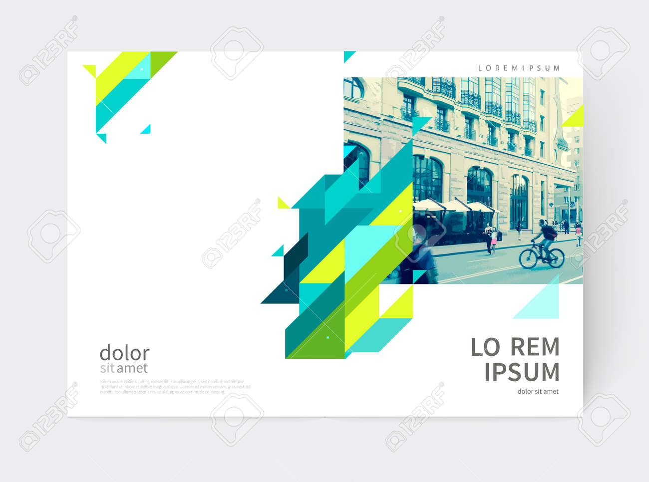 Minimalistic Brochure design. Annual report cover template. a4 size. Blue, yellow and green diagonal lines and triangles. - 65541995 Minimalistic Brochure design. Annual report cover template. a4 size. Blue, yellow and green diagonal lines and triangles. - 65541995