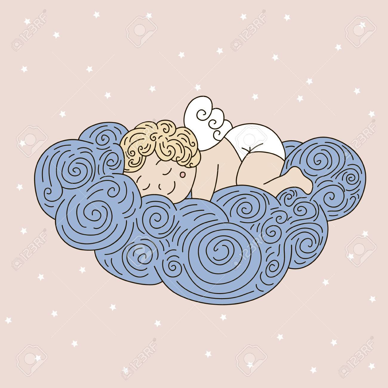 Ange Sur Nuage Dormir Dessine A La Main Illustration Avec Ange Dormir Cute Cartoon Caractere Ange Clip Art Libres De Droits Vecteurs Et Illustration Image