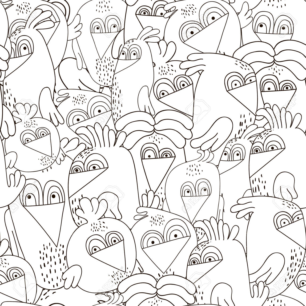 かわいい鳥とのシームレスなパターン 面白い鳥とモノクロの黒と白のテクスチャー 完全に生地 織物 Web などで見てください ベクトル図 のイラスト素材 ベクタ Image