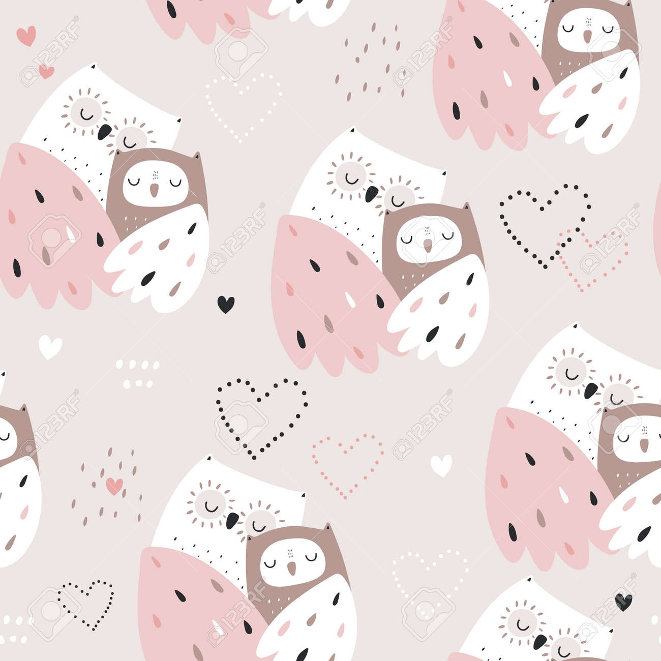 Seamless Pattern With Cute Mom And Baby Owls. Childish Owl Birds Pink  Background. Ideal For Fabrics, Textiles, Apparel, Wallpaper. Royalty Free  SVG, Cliparts, Vectors, and Stock Illustration. Image 179365857., image size:1300x1300
