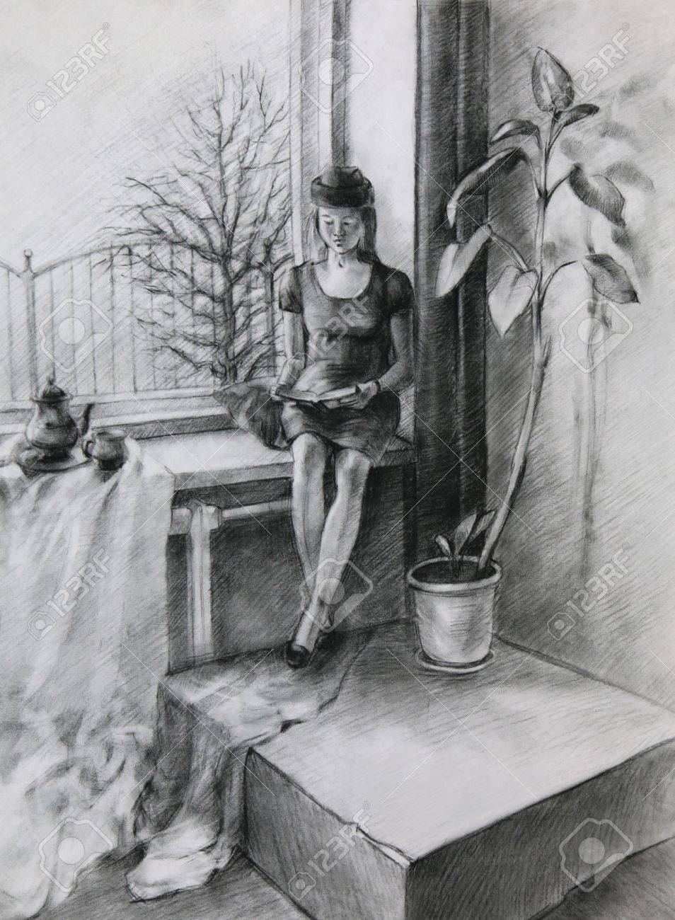 window pencil drawing outside window stock photo young woman sitting near window and reading book it is pencil drawing sitting near and reading is window pencil drawing outside window stock photo young woman sitting near window and reading book it is pencil drawing sitting near and reading is