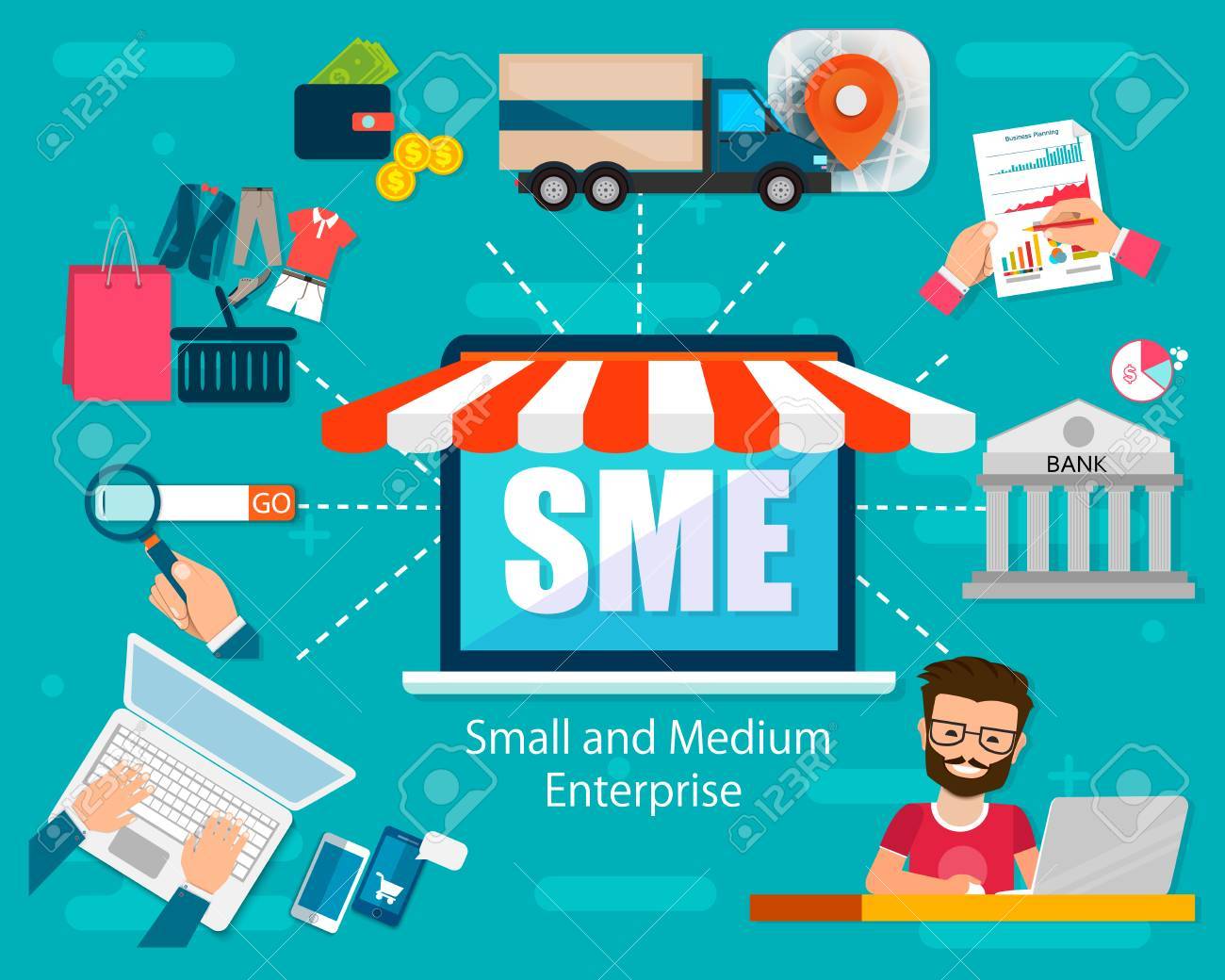 Sme ベクターイラスト 中小企業 ビジネスコンセプトの単語レタリングイラスト ウェブ アプリバナーデザインのための関連アイコンコンセプトとモダンなスタイルでデザイン Eps10のイラスト素材 ベクタ Image