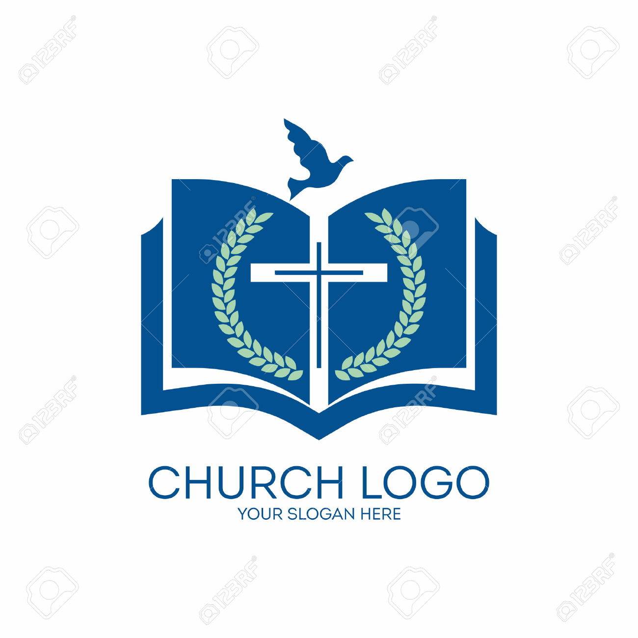 Church logo. Fig, cross, Bible ,, pages, dove, icon, blue - 46668853 Church logo. Fig, cross, Bible ,, pages, dove, icon, blue - 46668853