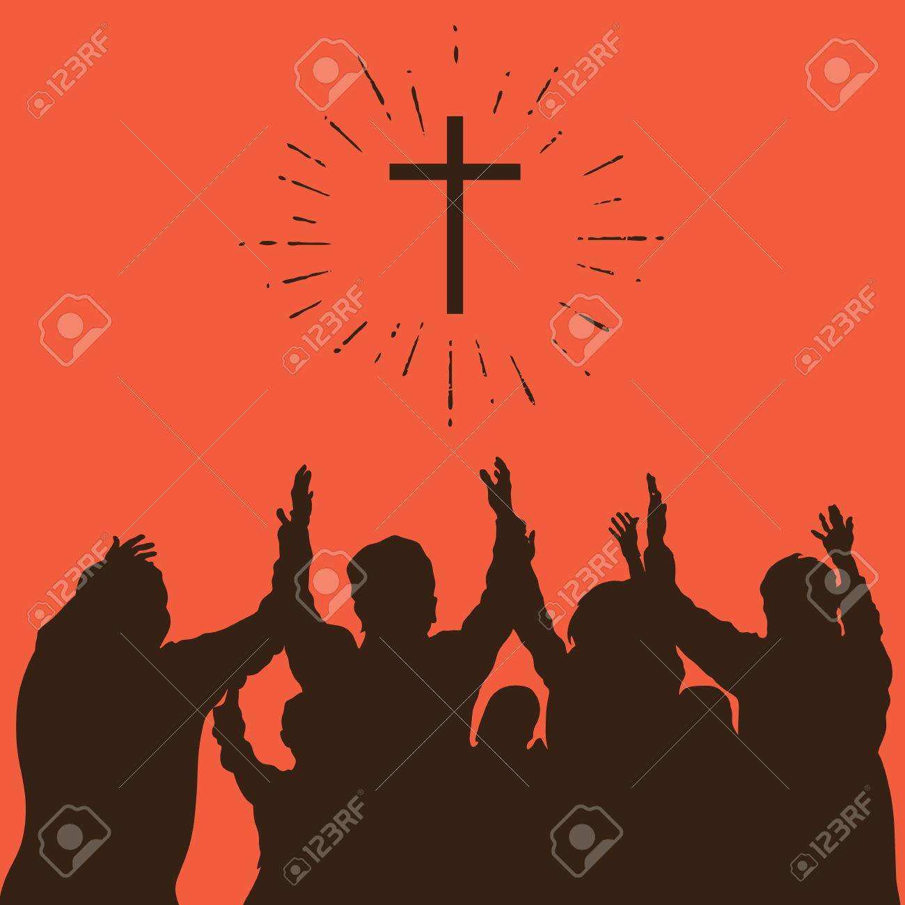Group worship, raised hands, cross, worship, silhouettes, praise - 46671749 Group worship, raised hands, cross, worship, silhouettes, praise - 46671749