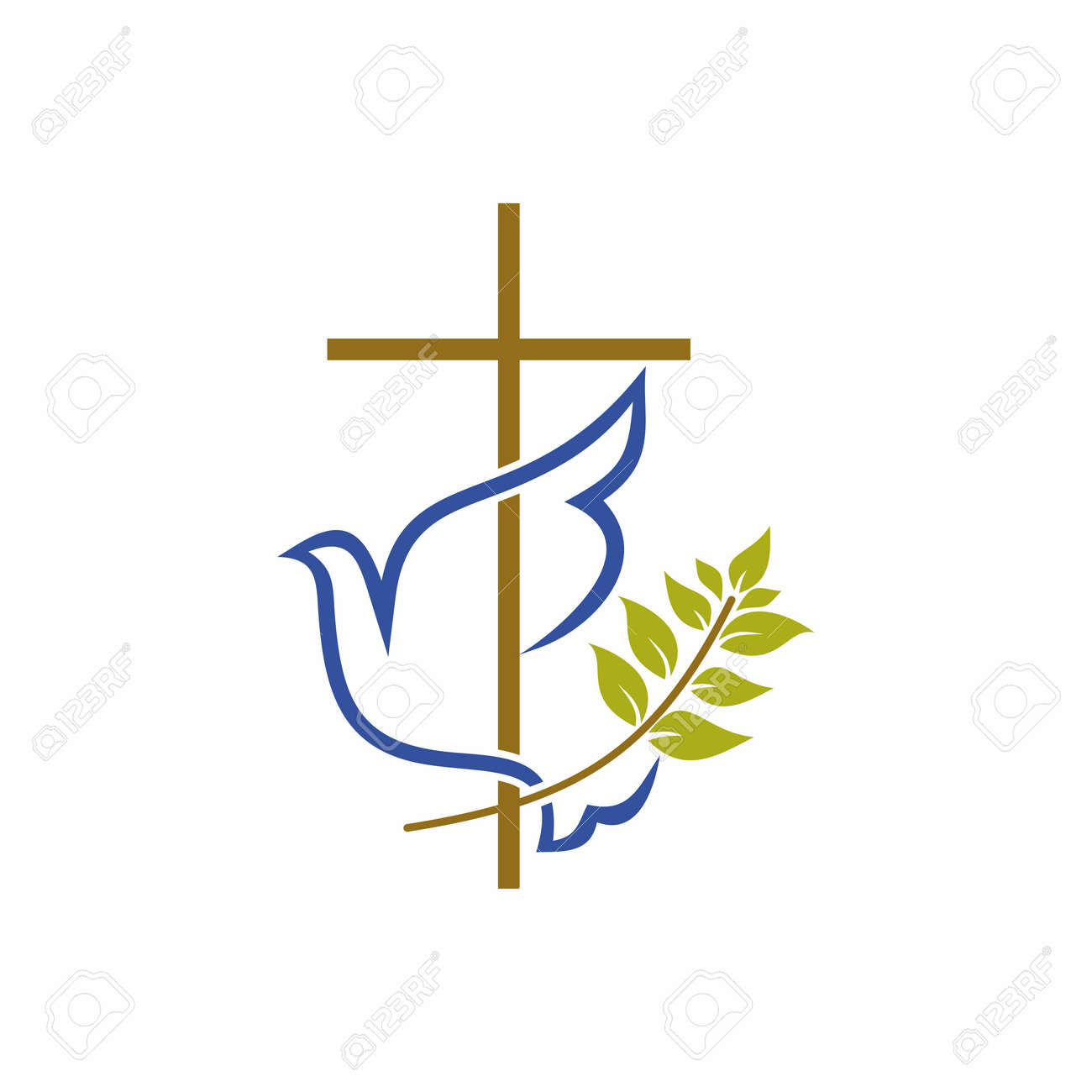 Church logo. Christian symbols. Cross, dove and olive branch. - 55094139 Church logo. Christian symbols. Cross, dove and olive branch. - 55094139