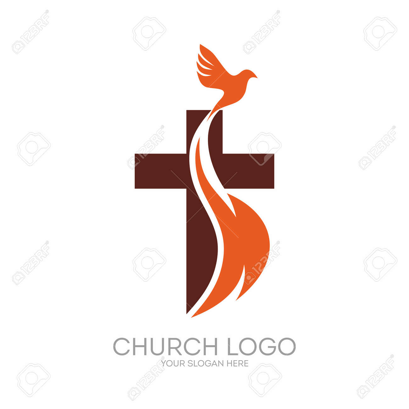 Church logo. Christian symbols. The Cross of Jesus, the fire of the Holy Spirit and the dove. - 65715331 Church logo. Christian symbols. The Cross of Jesus, the fire of the Holy Spirit and the dove. - 65715331