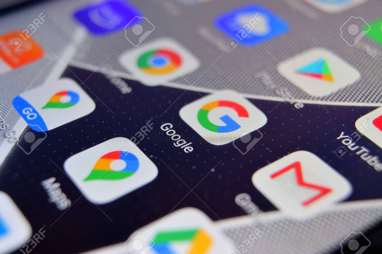 Valverde, Utalia - April 02, 2020: Close-up view of Google browser app on an Android smartphone, including other icons. - 144182294 Valverde, Utalia - April 02, 2020: Close-up view of Google browser app on an Android smartphone, including other icons. - 144182294