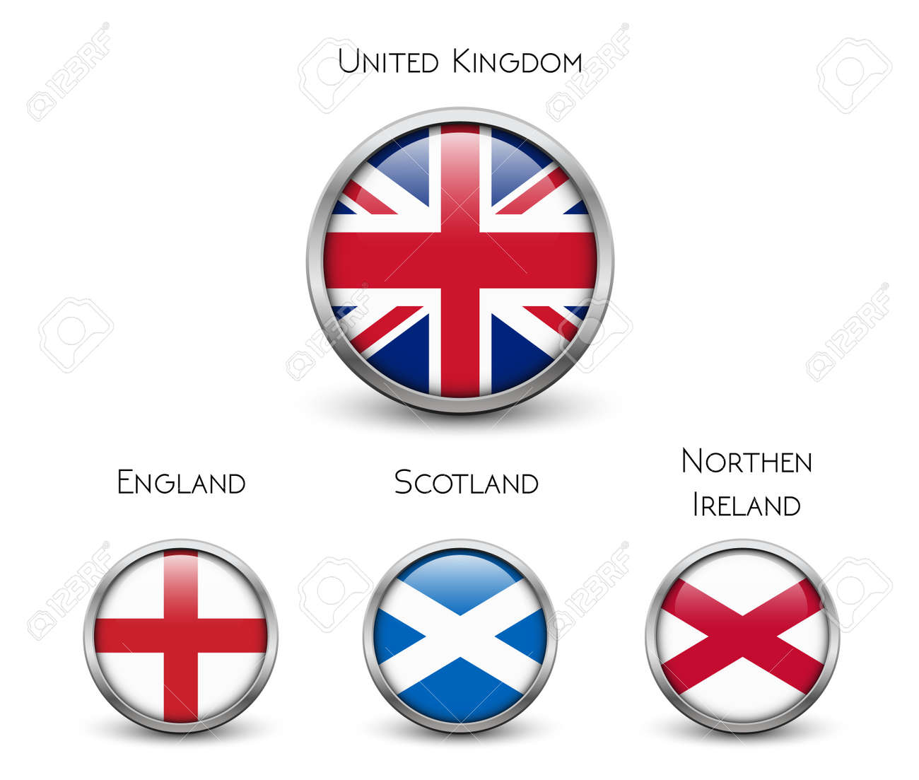 Drapeau Du Royaume Uni Angleterre Ecosse Irlande Union Jack Boutons Avec Cadre Metallique Et Ombre Clip Art Libres De Droits Vecteurs Et Illustration Image 76128058