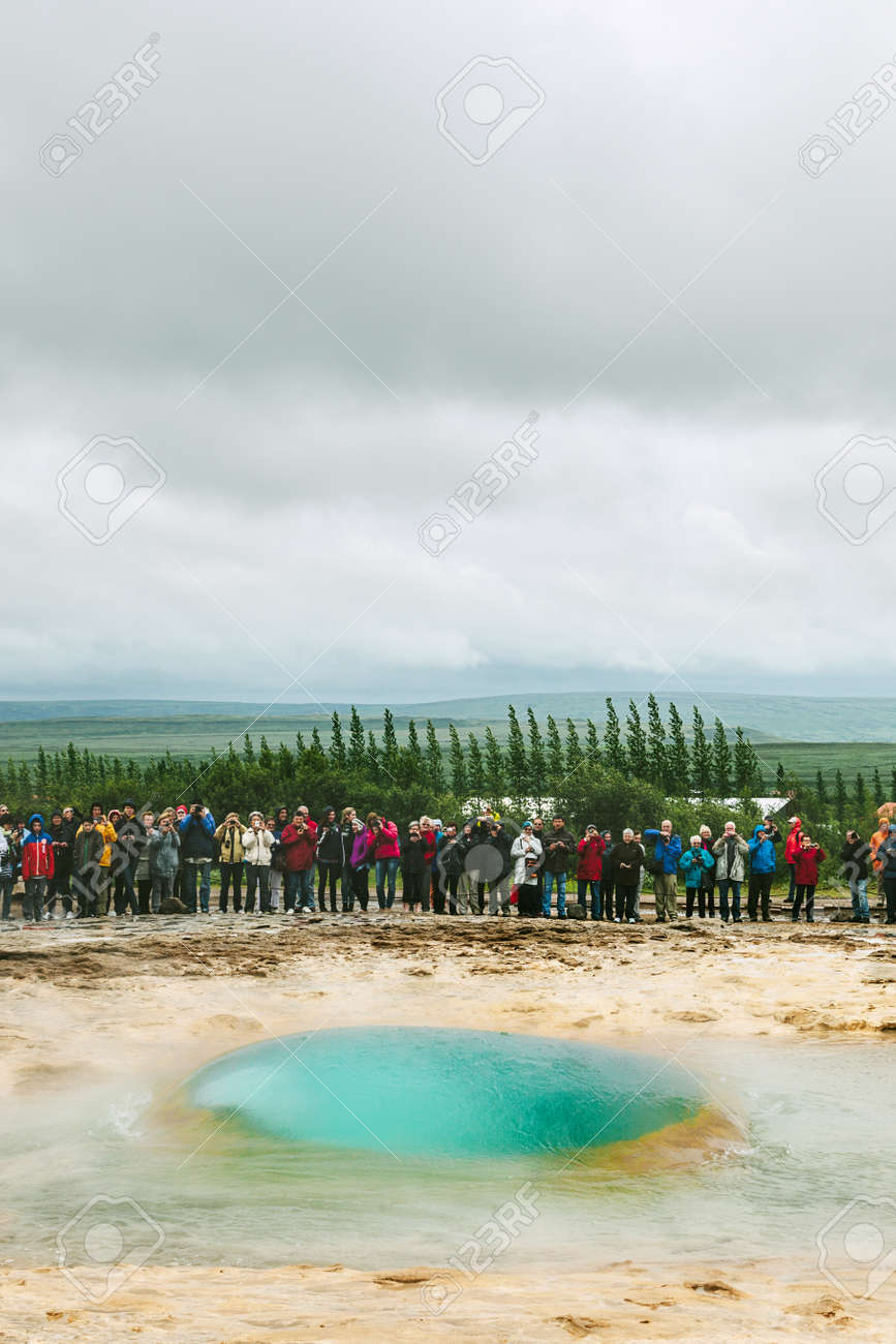 Geysir Iceland June 30 People Waiting For The Eruption Of Stock Photo Picture And Royalty Free Image Image