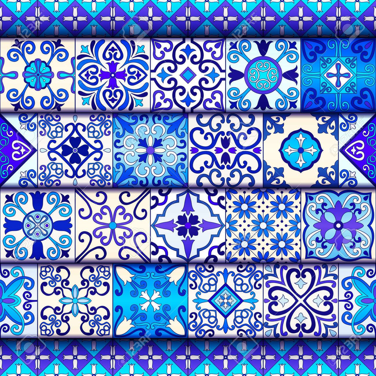 Portuguese tiles seamless pattern vector with blue and white ornaments. Talavera, azulejo, mexican, spanish or arabic motifs - 114806848 Portuguese tiles seamless pattern vector with blue and white ornaments. Talavera, azulejo, mexican, spanish or arabic motifs - 114806848