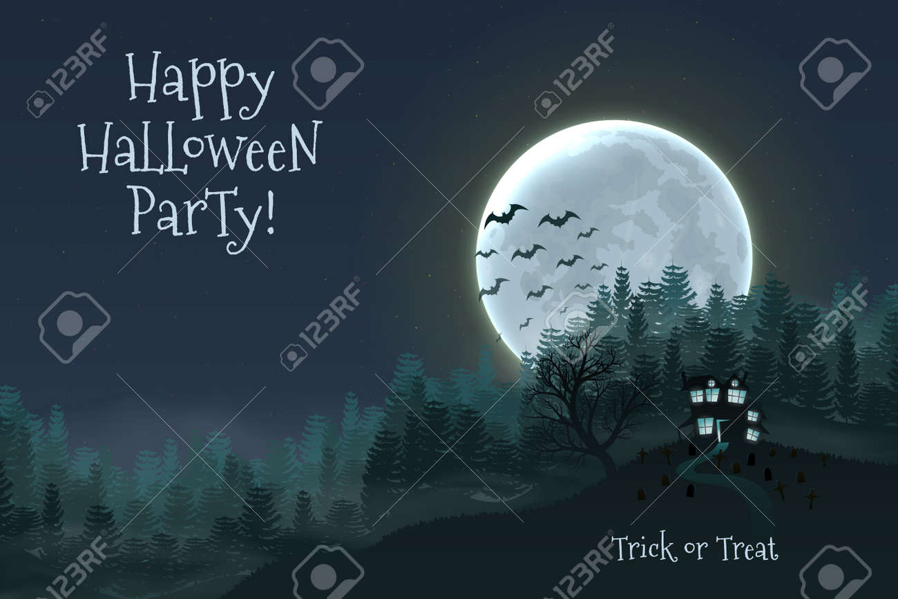 Happy Halloween night background with haunted scary house and full moon. - 109879664 Happy Halloween night background with haunted scary house and full moon. - 109879664