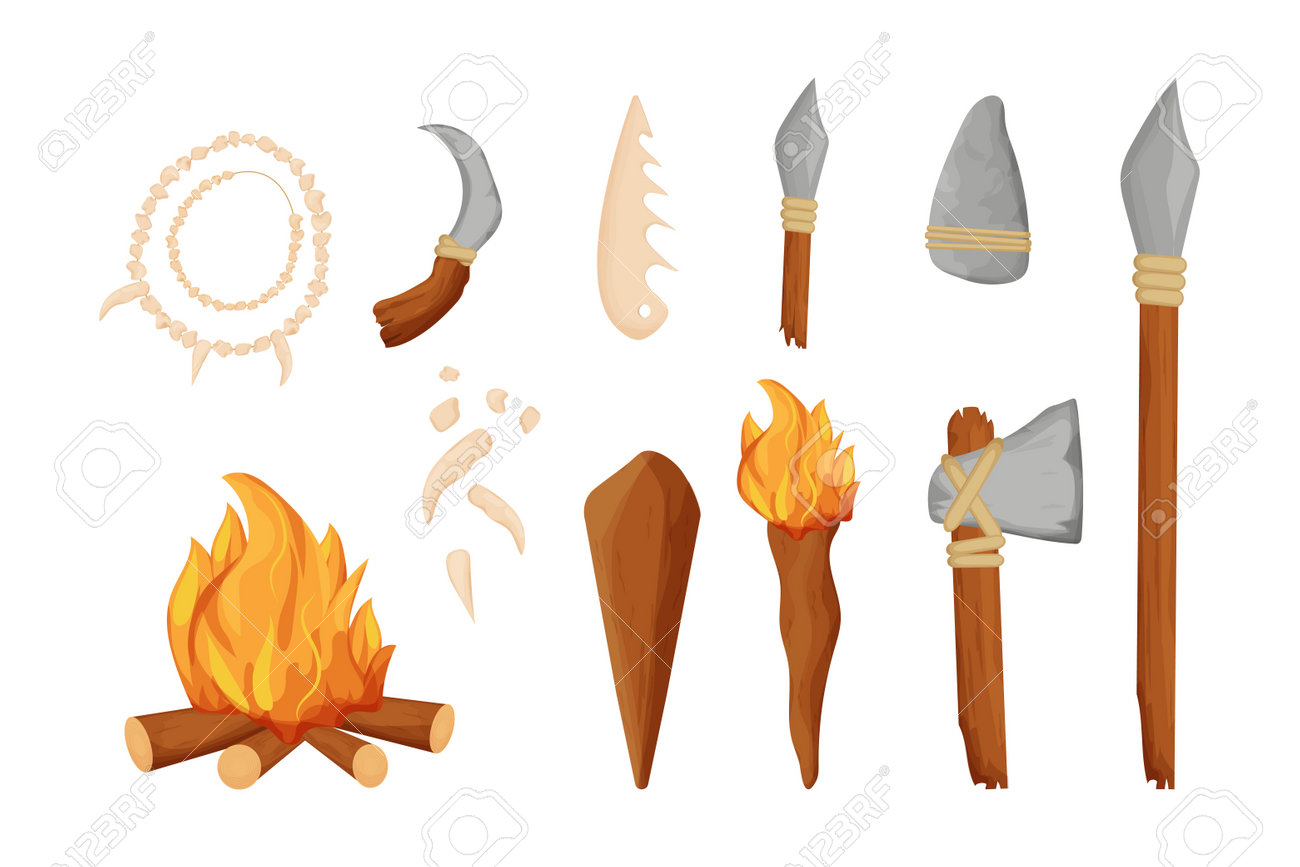 Stone Age, Barbarian Tools, Weapon, Fireplace And Necklace From Bones In  Cartoon Style Isolated On White Background. Knife, Axe And Arrow From  Sharpen Rock, Wooden Cub. Archaeology Concept. Vector Illustration Royalty  Free, image size:1300x867