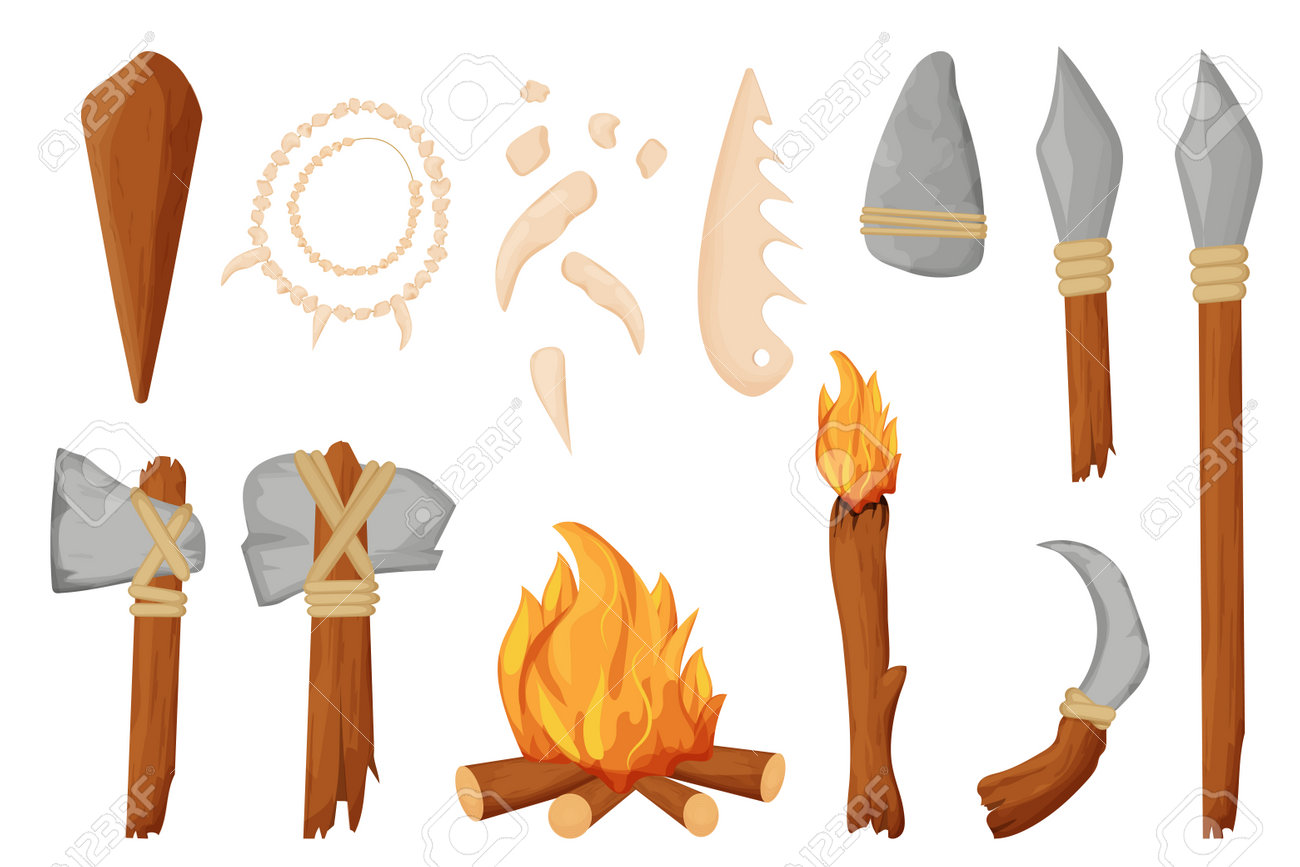 cartucho Cristo Democracia Edad De Piedra, Herramientas Bárbaras, Armas, Chimenea Y Collar De Huesos En Estilo De Dibujos Animados Aislado Sobre Fondo Blanco. Cuchillo, Hacha Y Flecha De Roca Afilada, Cachorro De Madera. Concepto De cartucho Cristo Democracia Edad De Piedra, Herramientas Bárbaras, Armas, Chimenea Y Collar De Huesos En Estilo De Dibujos Animados Aislado Sobre Fondo Blanco. Cuchillo, Hacha Y Flecha De Roca Afilada, Cachorro De Madera. Concepto De