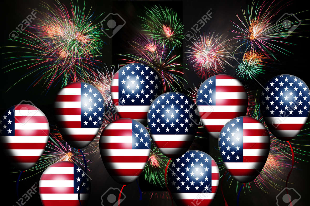 独立記念日 アメリカの国旗のバルーンと花火で 7 月 4 日 の写真素材 画像素材 Image