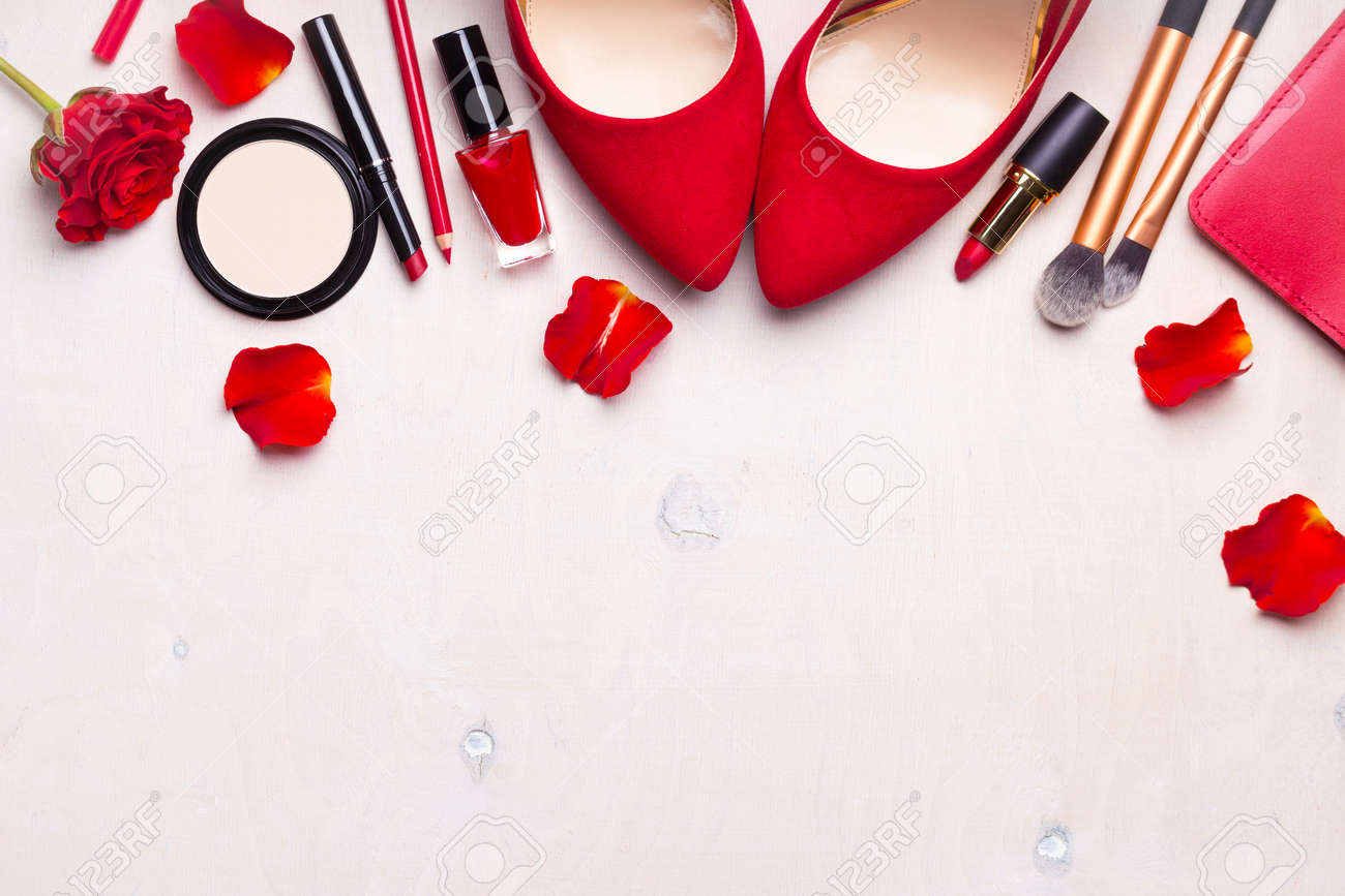 Beauty cosmetic white background. Makeup essentials. Shoes, red.. Beauty cosmetic white background. Makeup essentials. Shoes, red..