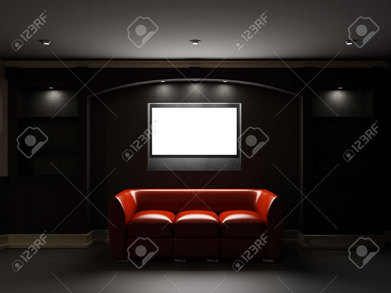 Sofá De Cuero Rojo Con TV LCD En El Cuarto Oscuro Fotos, Retratos ... Sofá De Cuero Rojo Con TV LCD En El Cuarto Oscuro Fotos, Retratos ...