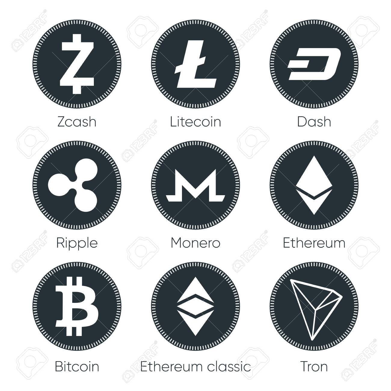 Flat Cryptocurrencies Icons Of Zcash, Dash, Tron, Bitcoin, Ethereum,  Ripple, Monero And Litecoin On White Background. Symbols For Ui, Web,  Social Media Designs Royalty Free SVG, Cliparts, Vectors, and Stock  Illustration. Image