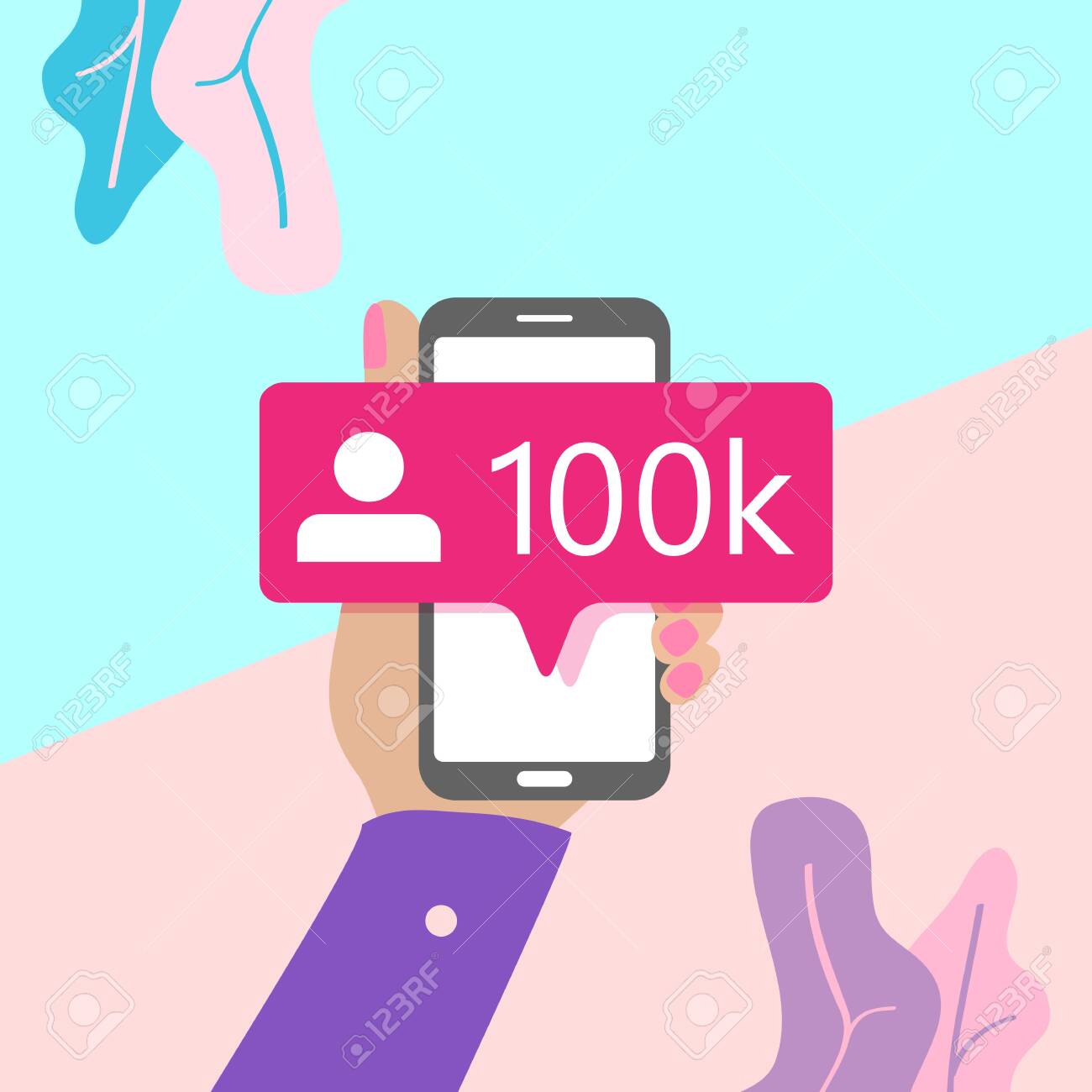 flat lay modern minimal hand holding mobile phone with new pink ten chiliad like followers social media iconon screen with shadow on pastel colored blue and pink background. Pink bubble icon set for websites, blog, mobile interfaces - 151498951 flat lay modern minimal hand holding mobile phone with new pink ten chiliad like followers social media iconon screen with shadow on pastel colored blue and pink background. Pink bubble icon set for websites, blog, mobile interfaces - 151498951