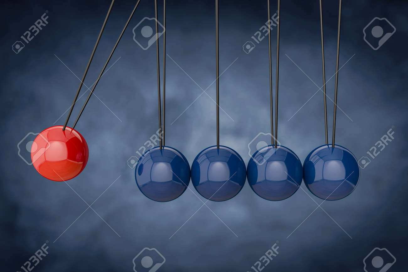 3 D のニュートンのゆりかご 多くの青いものを打つのスレッドに掛かっている赤い球 リーダーシップ 力と独自性の概念 の写真素材 画像素材 Image