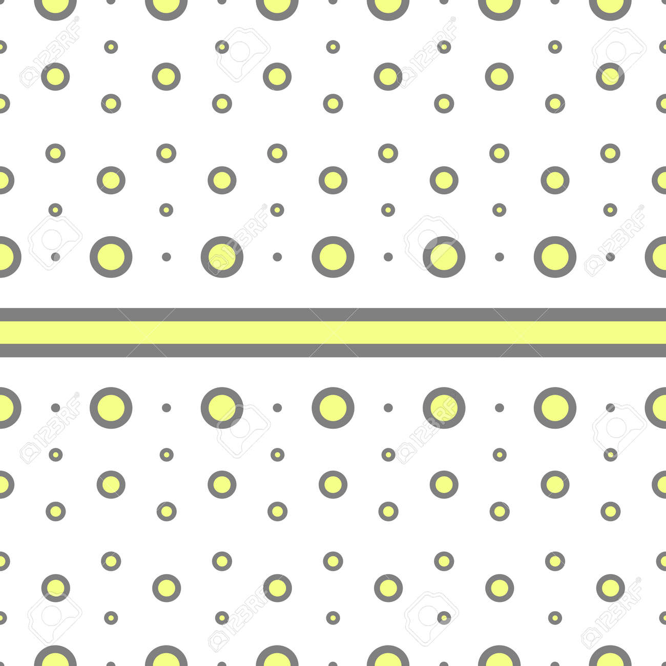 黄色灰色円水玉模様と白い背景の水平方向のストライプ ラインの異なるサイズのシームレスな幾何学的なパターン ベクトル ヴィンテージ レトロな背景デザインのイラスト素材 ベクタ Image