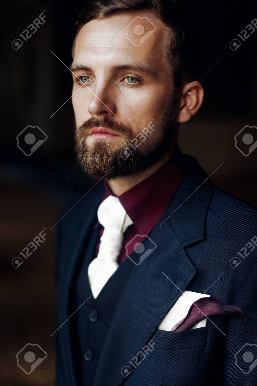 Elegant Stylish Handsome Groom Portrait Bearded Man Standing