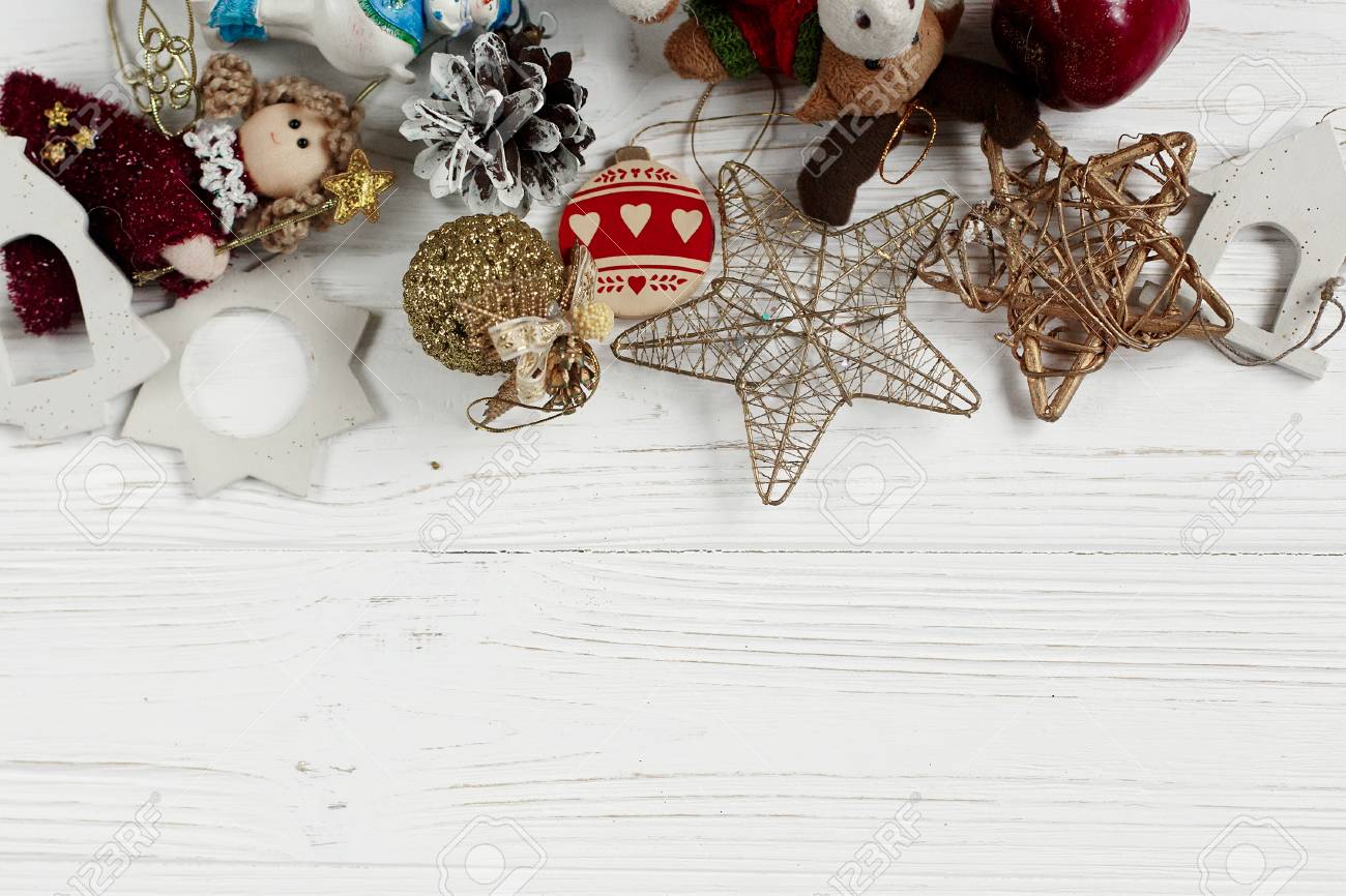 Christmas Frame Of Golden Toys Ornament Border On White Rustic Stock Photo Picture And Royalty Free Image Image 82524081