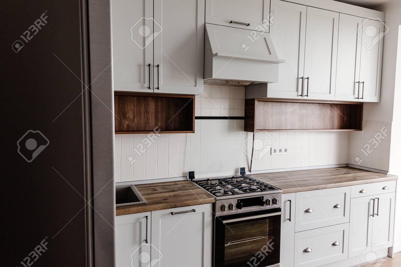 Luxury Modern Kitchen Furniture In Grey Color And Steel Oven