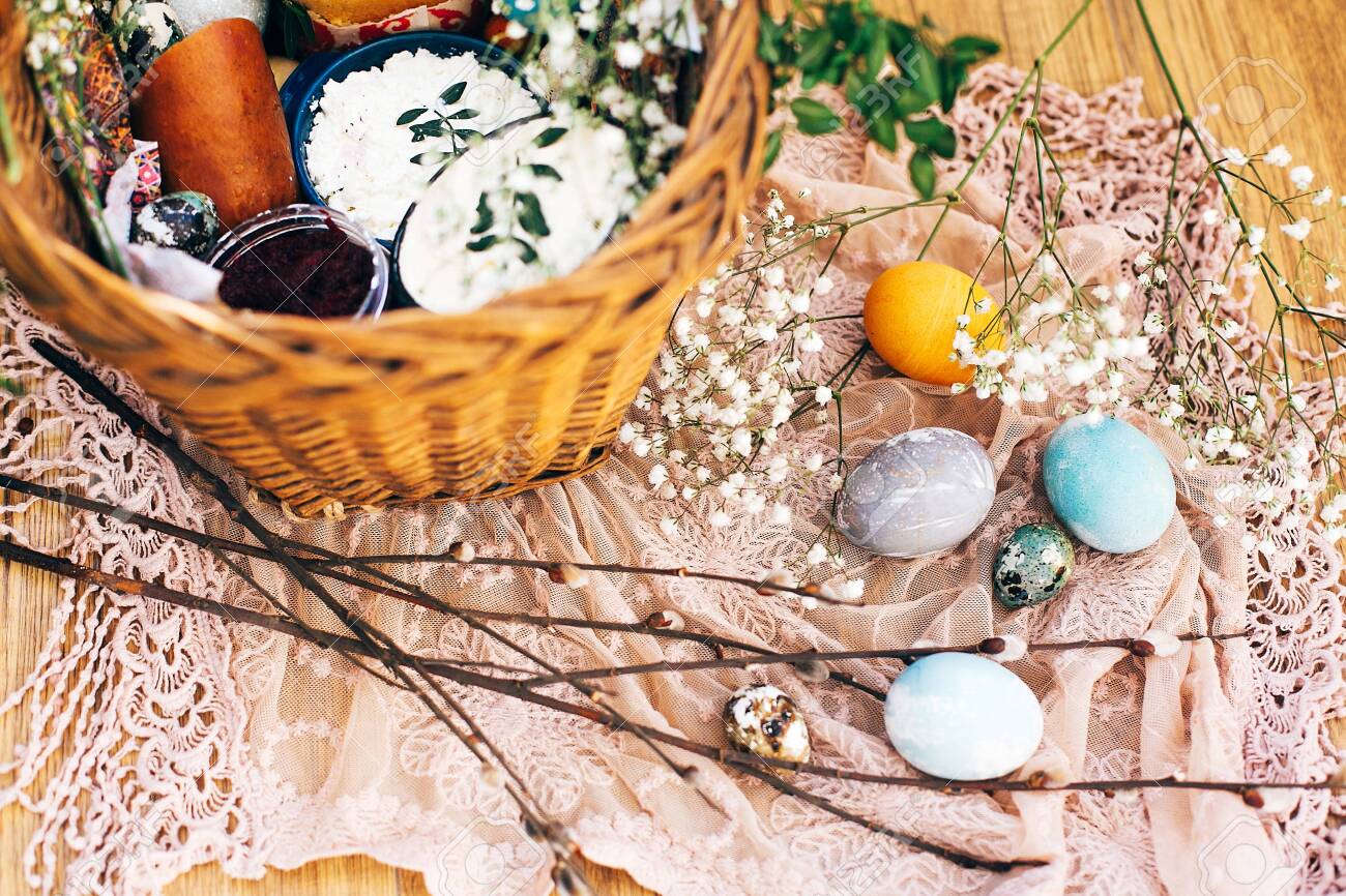 Stylish Easter Basket With Modern Eggs Easter Bread Cake Ham Stock Photo Picture And Royalty Free Image Image 119469424