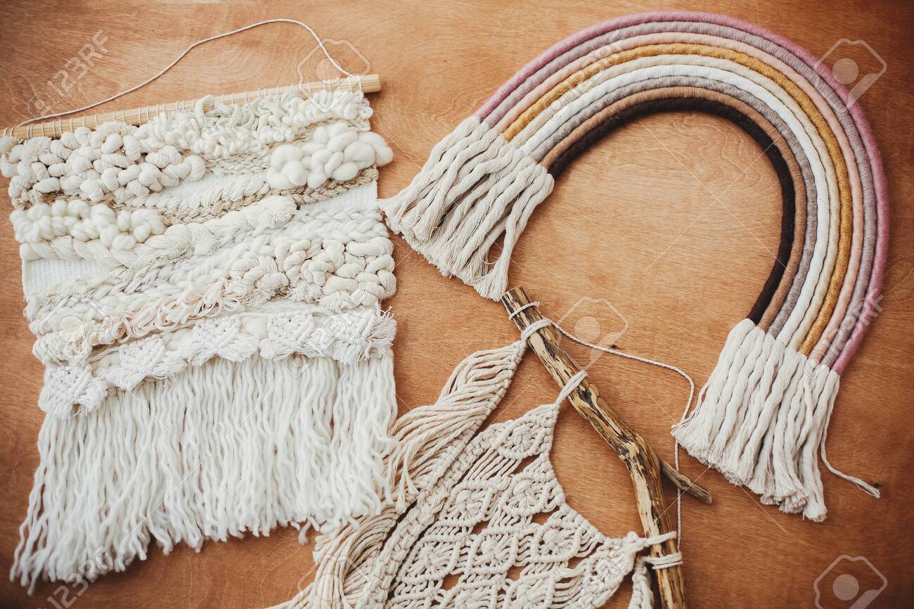 Stylish Macrame And Rainbow Decoration On Wooden Table. Modern.. Stock  Photo, Picture And Royalty Free Image. Image 135092396.