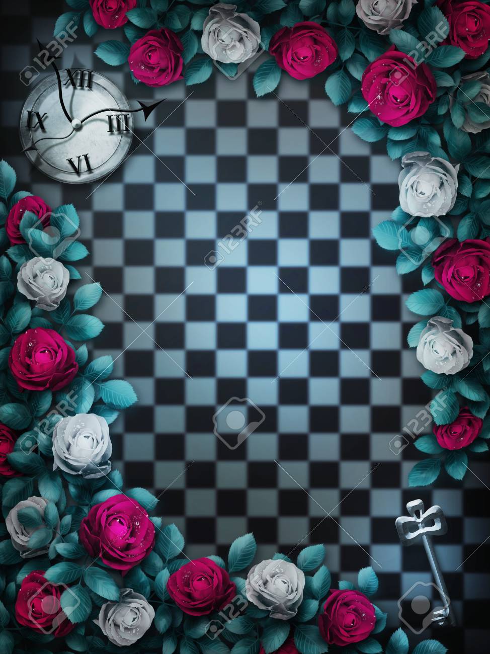 Alice In Wonderland Red Roses And White Roses On Chess Background Clock And Key Rose Flower Frame Wonderland Background Wonderland Wallpaper Illustration Stock Photo Picture And Royalty Free Image Image