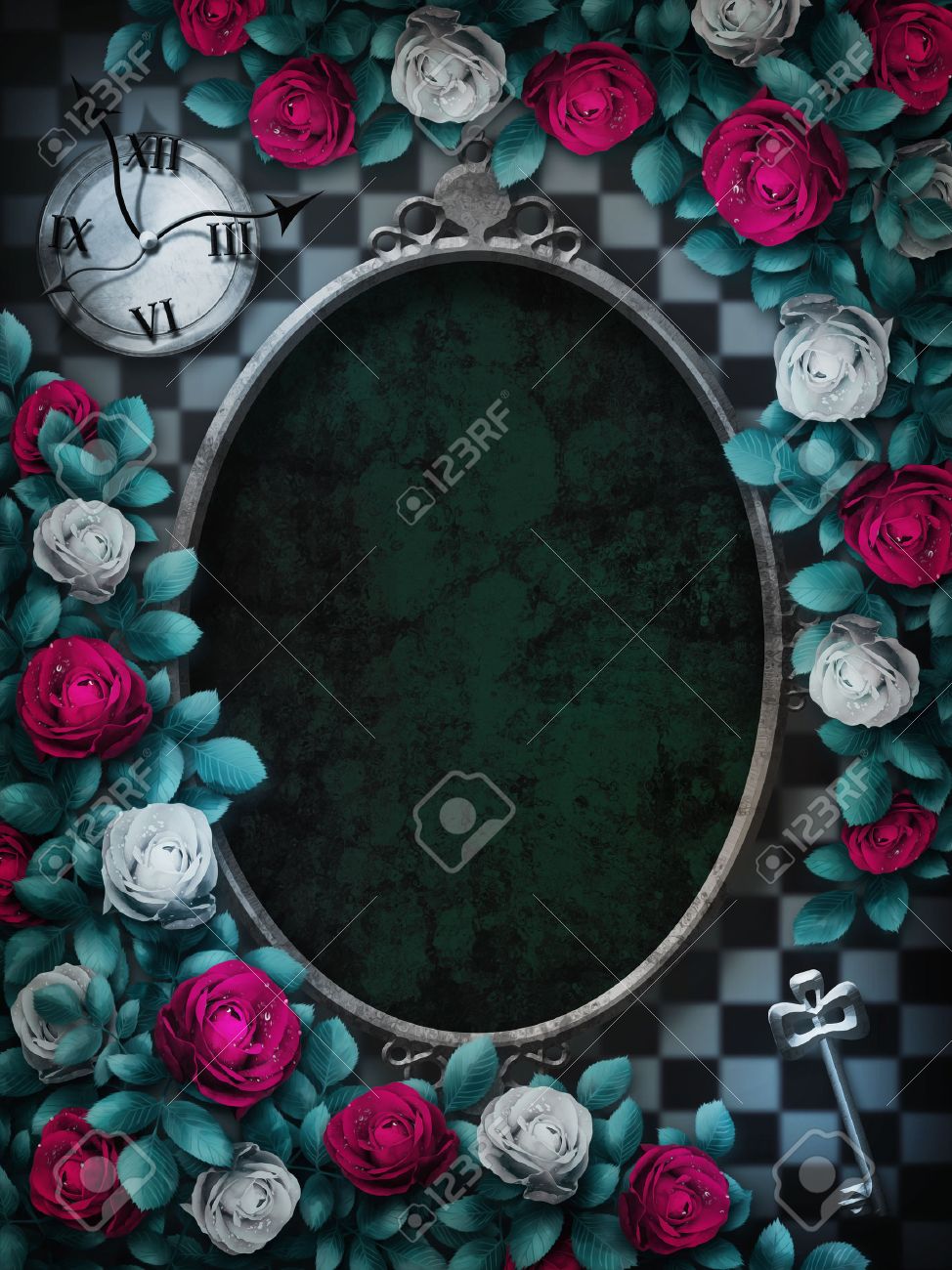Alice In Wonderland. Red Roses And White Roses On Chess Background. Clock  And Key. Rose Flower Frame. Oval Frame. Wonderland Background. Wonderland  Wallpaper. Illustration Stock Photo, Picture and Royalty Free Image. Image, image size:974x1300
