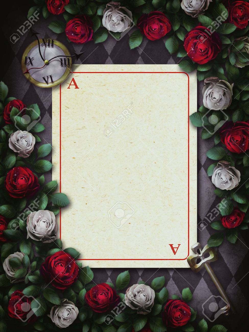 Alice In Wonderland. Red Roses And White Roses On Chess Background. Clock  And Key, Playing Card. Rose Flower Frame Stock Photo, Picture and Royalty  Free Image. Image 71556155., image size:975x1300