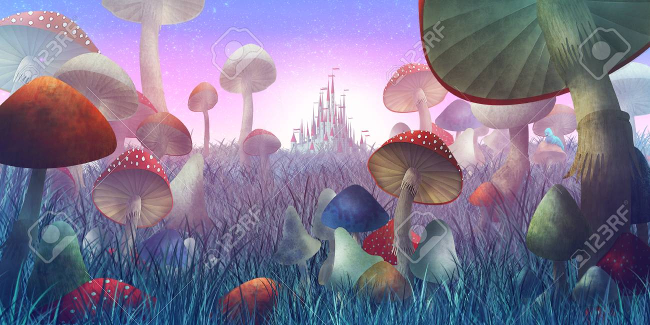 fantastic landscape with mushrooms and fog. illustration to the fairy tale - 113534814 fantastic landscape with mushrooms and fog. illustration to the fairy tale - 113534814