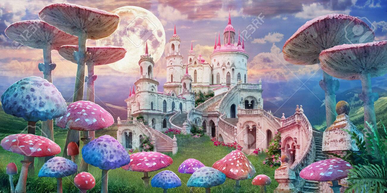 キノコ、美しい古い城と月と素晴らしい風景。おとぎ話「不思議の国の
